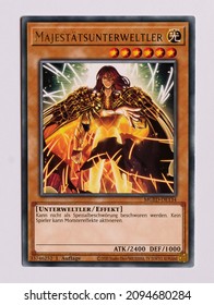 Hamburg, Germany - 12212021: Picture Of The German Yu Gi Oh Card Majestys Fiend From The Maximum Gold El Dorado Series. Trading Game Card With Cool Art Work.