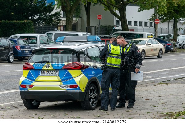hamburg, germany, 2021, september, 19, police
officers stand by their police
car