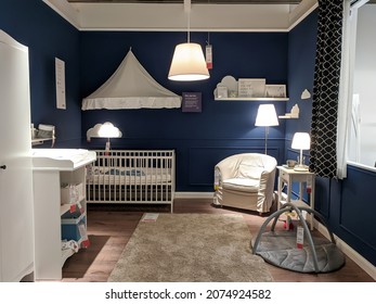 Hamburg, Germany 2.11.21 Baby Room Interior Display In Ikea Store. Modern Dark Kids Room With Cot Bed In Large Furniture Store