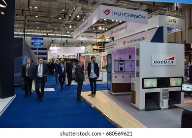 HAMBURG, GERMANY - APRIL 4 2017: Aircraft Interiors Expo. Latest Innovations And Products For The Cabin Interiors, Inflight Entertainment And Passenger Comfort Industries