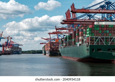 HAMBURG, GERMANY - Aug 24, 2021: The Three Big Container Ships Theseus, Ever Grade, And Barzan Being Loaded In The Port Of Hamburg