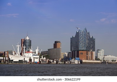 Hamburg, Germany - August 08: panorama view of Hamburg Hafencity with the new concert hall "Elbphilharmonie". "Elbphilharmonie" is a 110 meter high building with a floating concert hall.