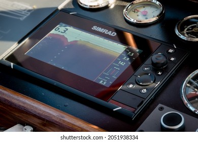 HAMBURG, GERMANY – AUGUST 24, 2019:  Simrad Screen Display Of Depth Radar In Use On Classic Boat. NSS Evo3