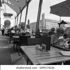 HAMBURG, GERMANY - CIRCA MAY 2017: Kleine Alster (meaning Little Alster) artificial lake in black and white