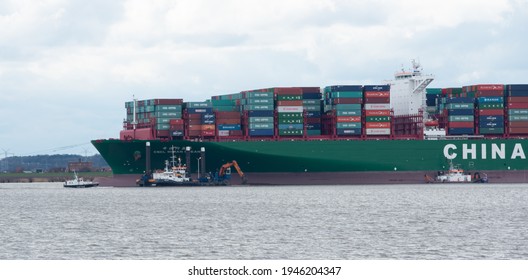 Hamburg, Germany - February 06: Container ship CSCL Indian Ocean China Shipping Line on the Elbe near Hamburg on the way to the Port of Hamburg container terminal