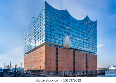 Hamburg, Germany - February 8, 2018: The Concert Hall Elbphilharmonie on a sunny day. It is situated in the HafenCity quarter on the Grasbrook peninsula of the Elbe River.