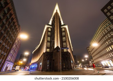 Hamburg, Germany - January 1, 2022: Distinctive Chilehaus, A Large Brick Building Built In The 1920s.