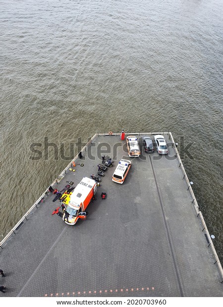 HAMBURG, GERMANY - Jun 02, 2021: An aerial view of\
emergency at the\
harbor
