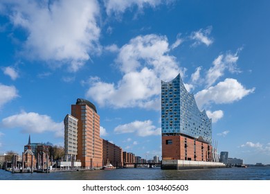 Hamburg, Germany - March 15, 2017: The Concert Hall Elbphilharmonie on a sunny day. It is situated in the HafenCity quarter of on the Grasbrook peninsula of the Elbe River.