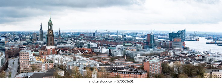 HAMBURG, GERMANY - MARCH 27, 2016: Scenic panorama view from Dancing Towers over Hamburg with Michel, Speicherstadt, harbor, and New Elbphilharmony.