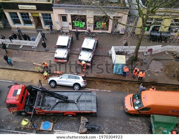 HAMBURG, GERMANY - May 01, 2021: Funny accident\
in Sternschanze\
Hamburg