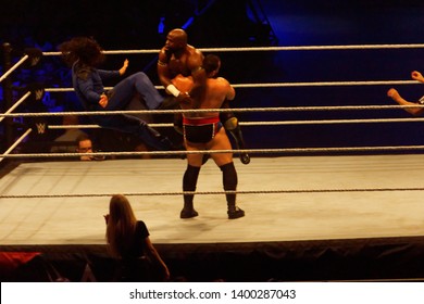 Hamburg, Germany - May 16th 2019:  Tag Team Match Between Shinsuke Nakamura & Rusev Vs. Apollo Crews & Matt Hardy