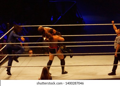 Hamburg, Germany - May 16th 2019:  Tag Team Match Between Shinsuke Nakamura & Rusev Vs. Apollo Crews & Matt Hardy