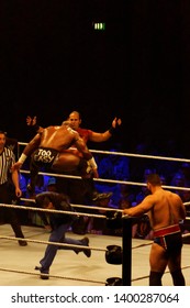 Hamburg, Germany - May 16th 2019:  Tag Team Match Between Shinsuke Nakamura & Rusev Vs. Apollo Crews & Matt Hardy