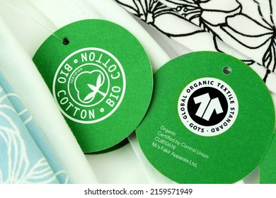 Hamburg, Germany -  May 20  2022:  Fashion And Green Bio Cotton Global Organic Textile Standard GOTS Label CA