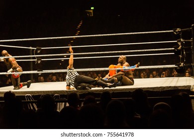 Hamburg, Germany - November 10, 2017: The Tag Team Match of Titus O'Neil and Apollo Crews vs. Curt Hawkins and Goldust during WWE Live Tour 2017