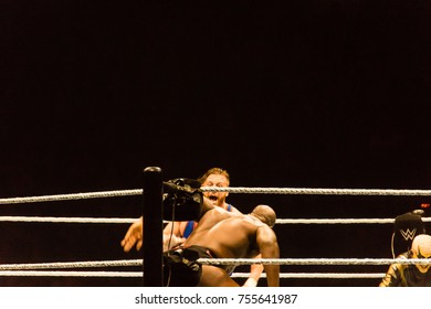 Hamburg, Germany - November 10, 2017: The Tag Team Match Of Titus O'Neil And Apollo Crews Vs. Curt Hawkins And Goldust During WWE Live Tour 2017