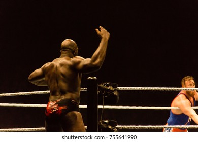 Hamburg, Germany - November 10, 2017: The Tag Team Match Of Titus O'Neil And Apollo Crews Vs. Curt Hawkins And Goldust During WWE Live Tour 2017