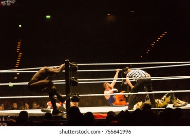 Hamburg, Germany - November 10, 2017: The Tag Team Match Of Titus O'Neil And Apollo Crews Vs. Curt Hawkins And Goldust During WWE Live Tour 2017