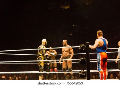 Hamburg, Germany - November 10, 2017: The Tag Team Match Of Titus O'Neil And Apollo Crews Vs. Curt Hawkins And Goldust During WWE Live Tour 2017