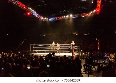 Hamburg, Germany - November 10, 2017: The Tag Team Match Of Titus O'Neil And Apollo Crews Vs. Curt Hawkins And Goldust During WWE Live Tour 2017