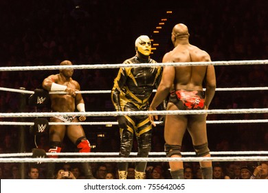 Hamburg, Germany - November 10, 2017: The Tag Team Match of Titus O'Neil and Apollo Crews vs. Curt Hawkins and Goldust during WWE Live Tour 2017