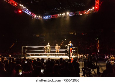 Hamburg, Germany - November 10, 2017: The Tag Team Match Of Titus O'Neil And Apollo Crews Vs. Curt Hawkins And Goldust During WWE Live Tour 2017