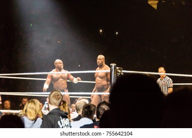 Hamburg, Germany - November 10, 2017: The Tag Team Match Of Titus O'Neil And Apollo Crews Vs. Curt Hawkins And Goldust During WWE Live Tour 2017