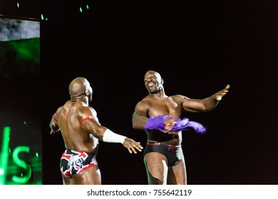 Hamburg, Germany - November 10, 2017: The Tag Team Match Of Titus O'Neil And Apollo Crews Vs. Curt Hawkins And Goldust During WWE Live Tour 2017