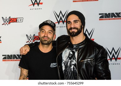 Hamburg, Germany - November 10, 2017: The WWE Superstar Seth Rollins with TV Host and Extrem-Mountan Biker Niels-Pete Jensen on the Red Carpet Event during WWE Live Tour 2017