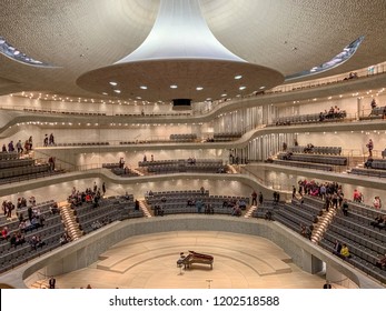 HAMBURG, GERMANY - October 1., 2018: The interior view of big hall of Elbphilharmonie (Elbe Philharmonic Hall) in Hamburg. It is one of the most acoustically advanced concert halls in the world.