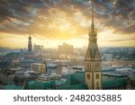 Hamburg Germany with sunset clouds and colors city hall and towers port