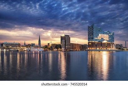 Hamburg Hafencity with Elbphilharmonie at sunrise