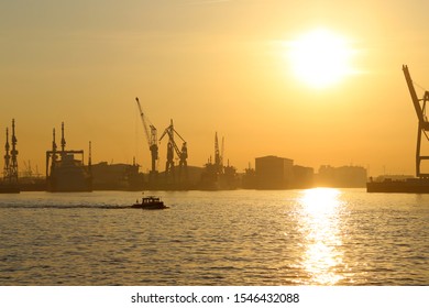 Hamburg Port With Sunrise In The Morning