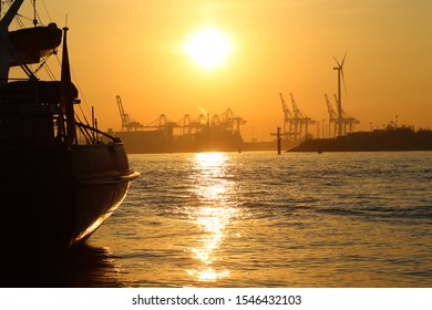 Hamburg Port With Sunrise In The Morning