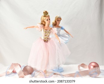 Hamburg, USA - December 7 2021 : Mattel Barbie's As The Sugar Plum Fairy and Snowflake from The Nutcracker Christmas Ballet Posing, Dancing Together 