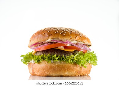 
Hamburger With Beef Cutlet For Restaurant Menu On A White Background