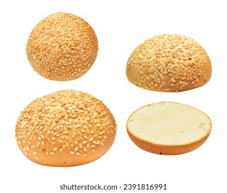 Hamburger bun half bread isolated clipping path, no shadow in white background