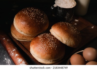 Hamburger Bun In Home Kitchen, Dark Photography, Moody