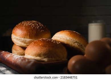 Hamburger Bun In Home Kitchen, Dark Photography, Moody