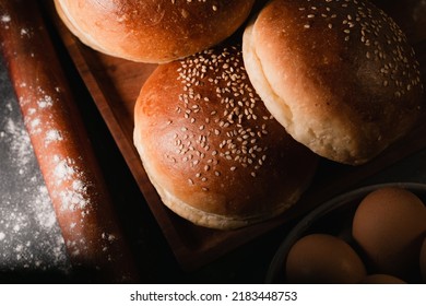 Hamburger Bun In Home Kitchen, Dark Photography, Moody