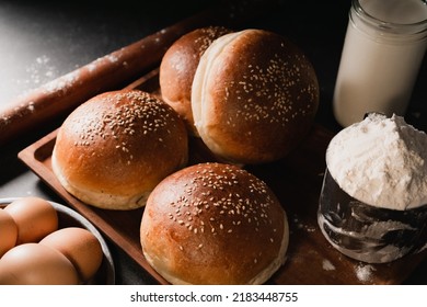 Hamburger Bun In Home Kitchen, Dark Photography, Moody