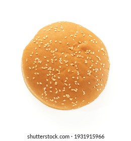 Hamburger Bun With Sesame Seeds Isolated On White Background, Top View