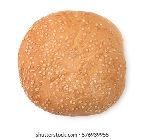 Hamburger Bun Sprinkled With Sesame Seeds Isolated On A White Background. Close Up. Top View.