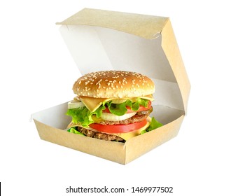 Hamburger In Cardboard Box Isolated On White Background. Double Big Tasty Burger In Package