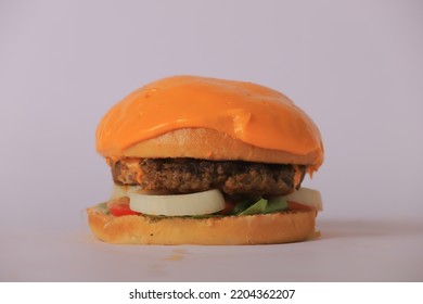 Hamburger Is A Distinctive And Quick Meal, Clear And Empty, With Side
