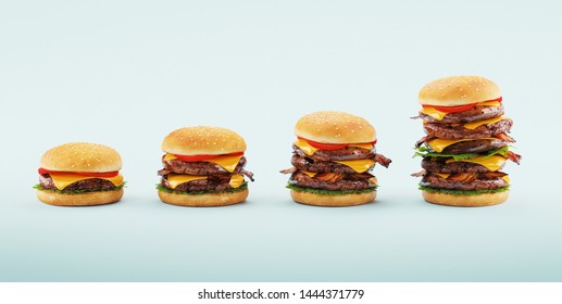 Hamburger. Fast Food Diet Concept, Compulsive Overeating And Dieting. 3d Rendering