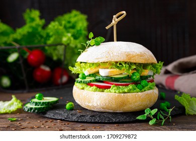 Hamburger With Homemade Ciabatta Bun Bread, Boiled Egg, Radish, Cucumber, Lettuce Salad And Puree Of Fresh Green Peas