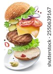 Hamburger ingredients fall one by one on a white plate on a white background. Cheeseburger with clipping paths.