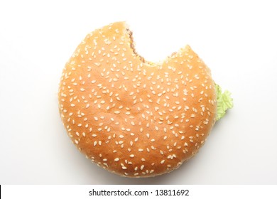 Hamburger Isolated On White, One Bite Taken Out Of It